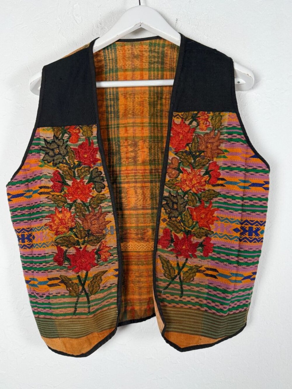 Vintage Handwoven Floral Embroidered Vest with Plaid Back Boho Style Multicolor